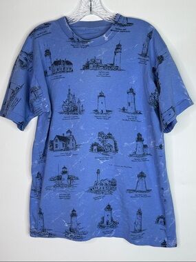 Vintage Art Unlimited AOP Massachusetts Lighthouses Blue Tshirt Large 90s